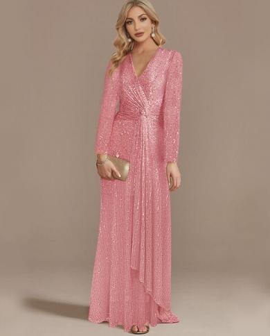 Elegantes Langarm Pailletten Abendkleid Für Damen Einfarbig_voghion.com