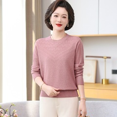 秋服中年女性長袖ニットTシャツゆったりカジュアルファッションラウンドネック万能ボトムTシャツ50歳女性トップス