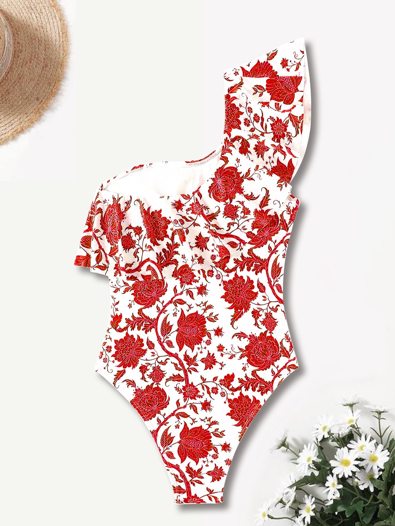 201g Weight Sleeveless Sleeve Length Polyester Fabric Type Regular Top Length Bodysuit Tops Type Swimming Occasion One Shoulder Neckline Skinny Fit Type Flower Pattern Women's Gender Bohemian Style Women's Bohemian Flower One Piece Swimwear 15