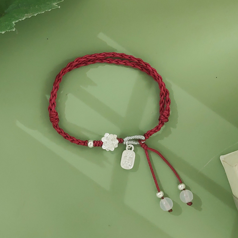 Bracelet 999 Pure Silver Lotus Red String Silver Jewelry Silver Women's Braided Bracelet Tassel Jade Beads Gift Wholesale