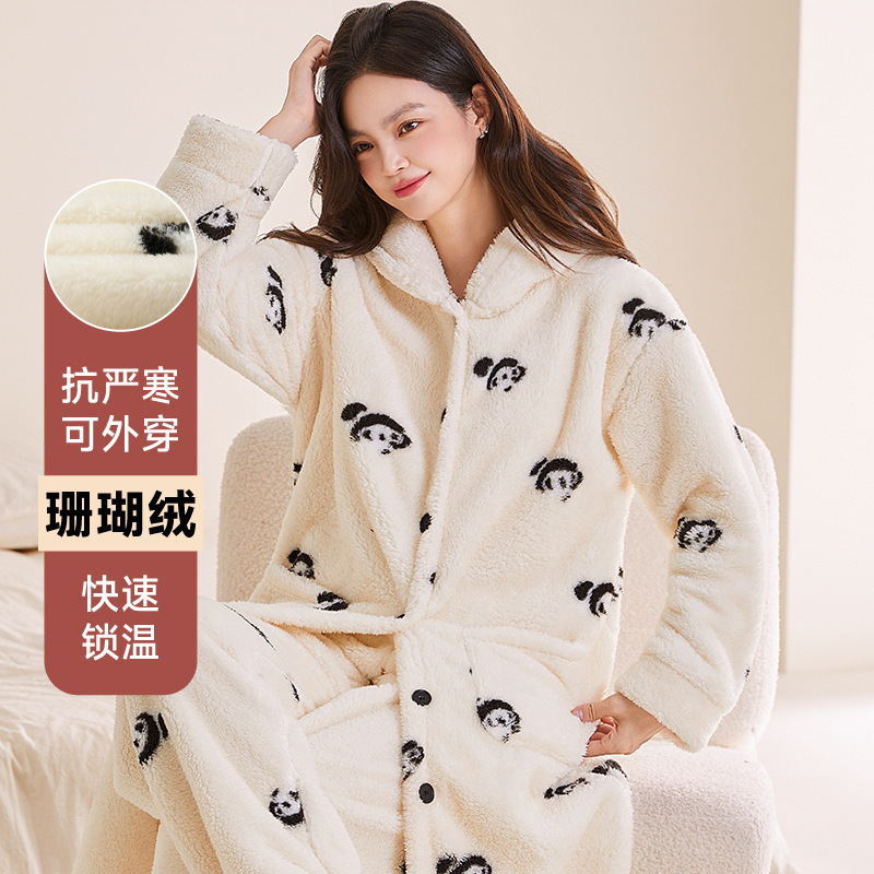 2025秋冬季新款珊瑚绒睡衣女连帽长款上衣套装大码熊猫国潮家居服|undefined