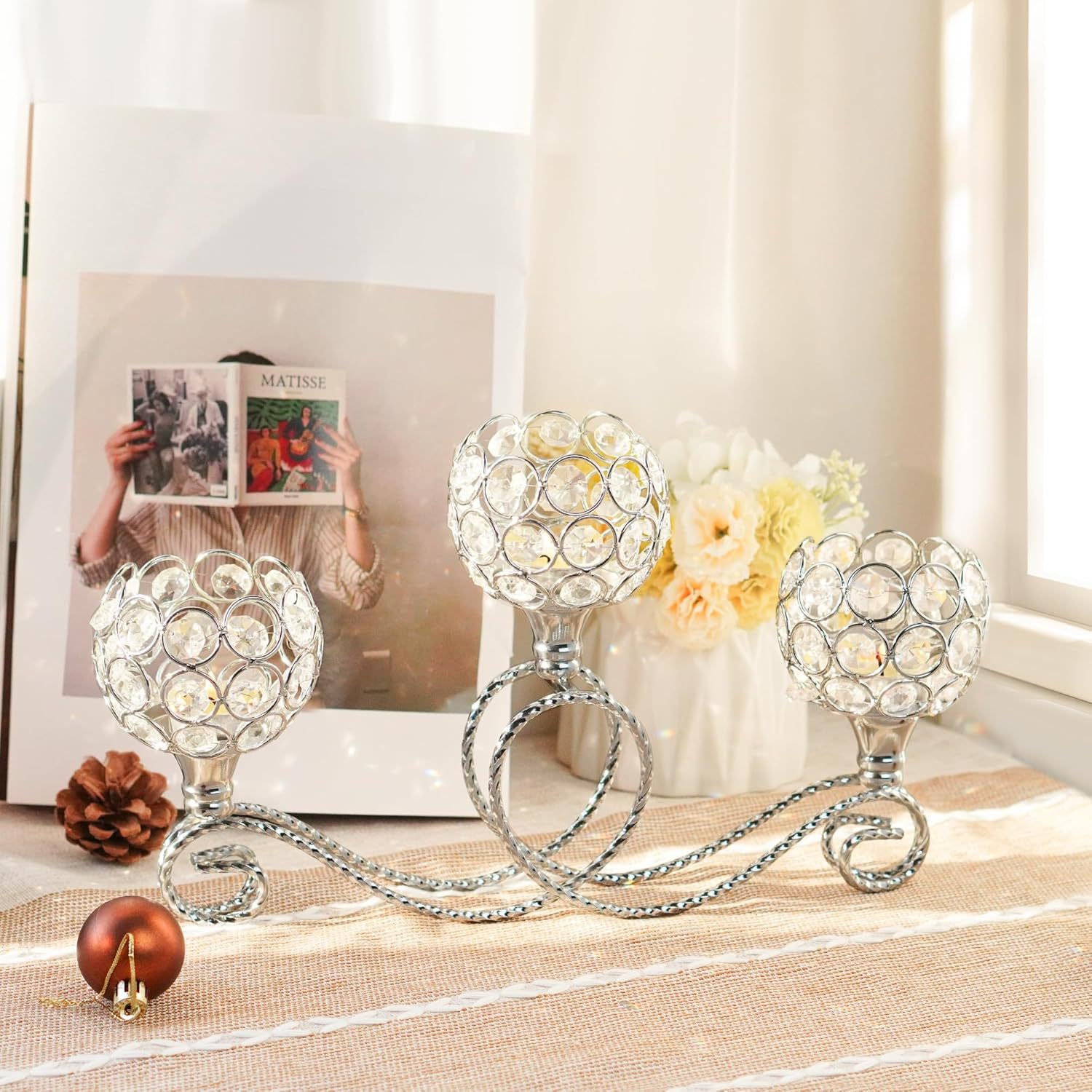 Amazon Metal chapado 3 cabezas 5 brazos combinación de té de cristal candelabro elegante mesa de boda centro decorativo candelabro