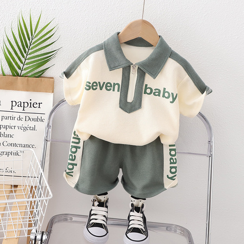 Children's new summer style boys' lapel casual long-sleeved suit baby sports shorts two-piece set trendy wholesale