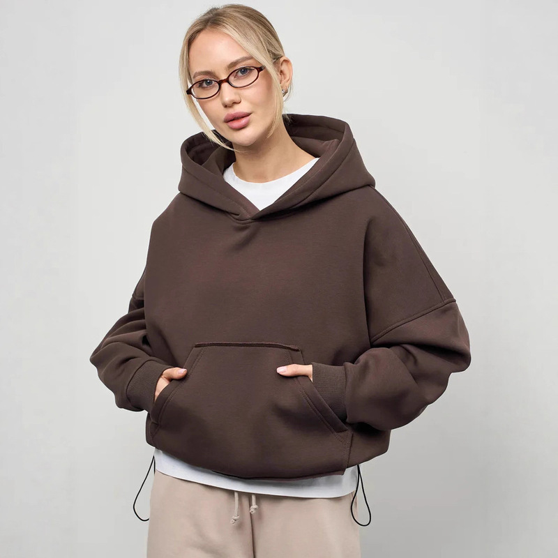 Amazon Foreign Trade European and American Women's Casual Solid Color Hoodie Waist-Cinching Long-Sleeve Cropped Pullover Pocket Sweatshirt