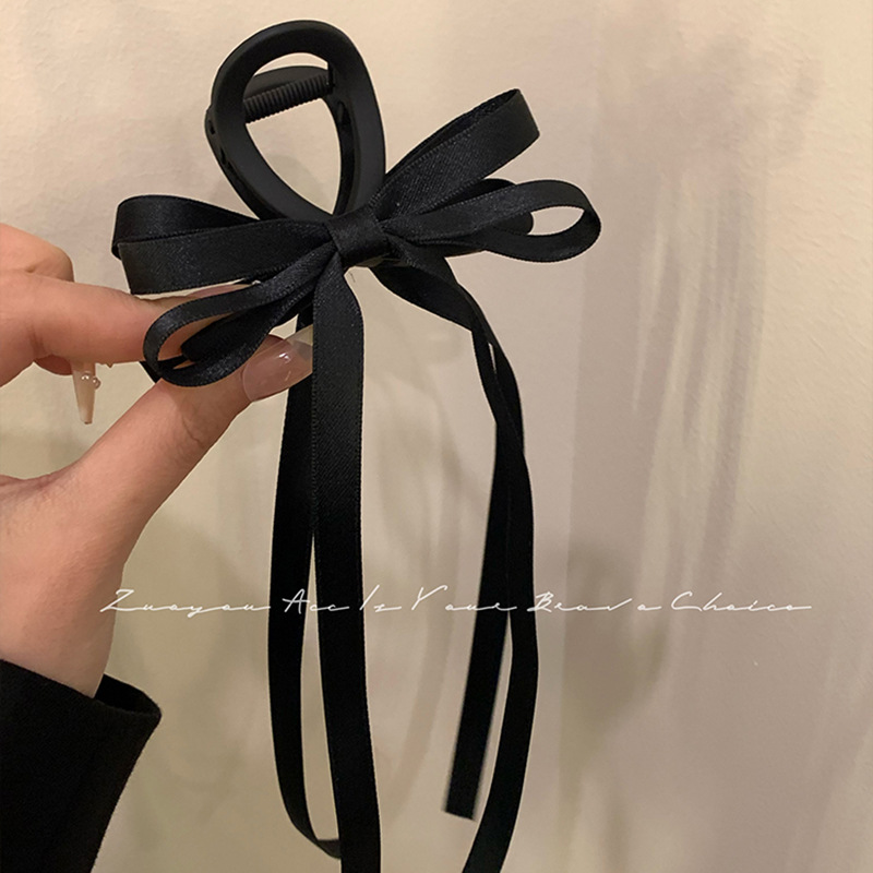 Zwarte stoffen lange lintstrik grijpclip achterhoofd haarclip haaienclip dames nieuwe matte haaraccessoires_voghion.com