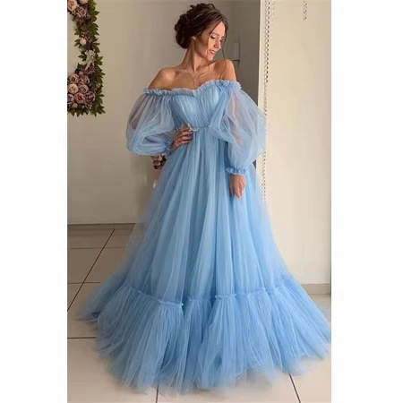 2020 New European and American Export Women's Clothing Wish One-Shoulder Mesh Long-Sleeved Wedding Dress Large Hem Dress New Style