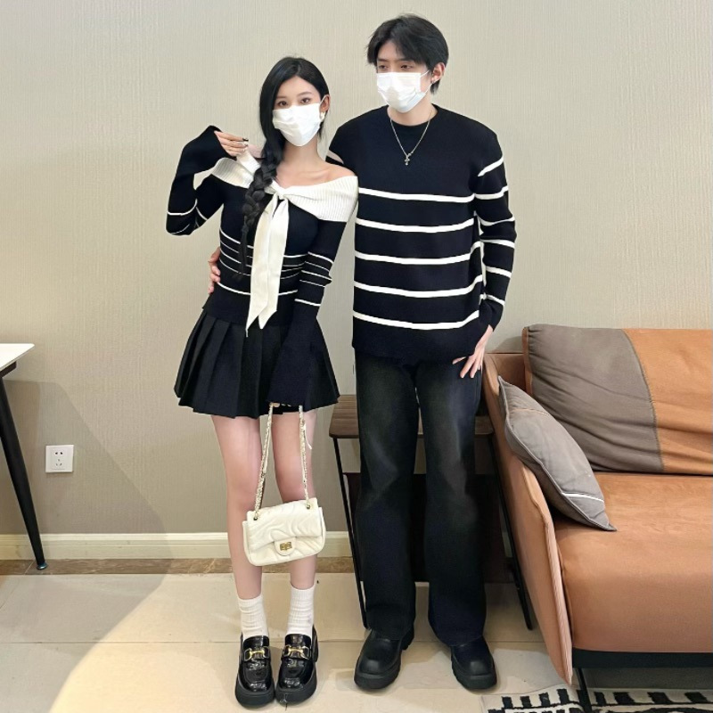 跨境外贸欧美情侣装撞色条纹一字领针织衫圆领套头高级感插肩毛衣