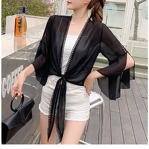 Korean women's loose knotted unbuttoned slim shirt sun protection top women's outer jacket women's bell sleeve cardigan trendy