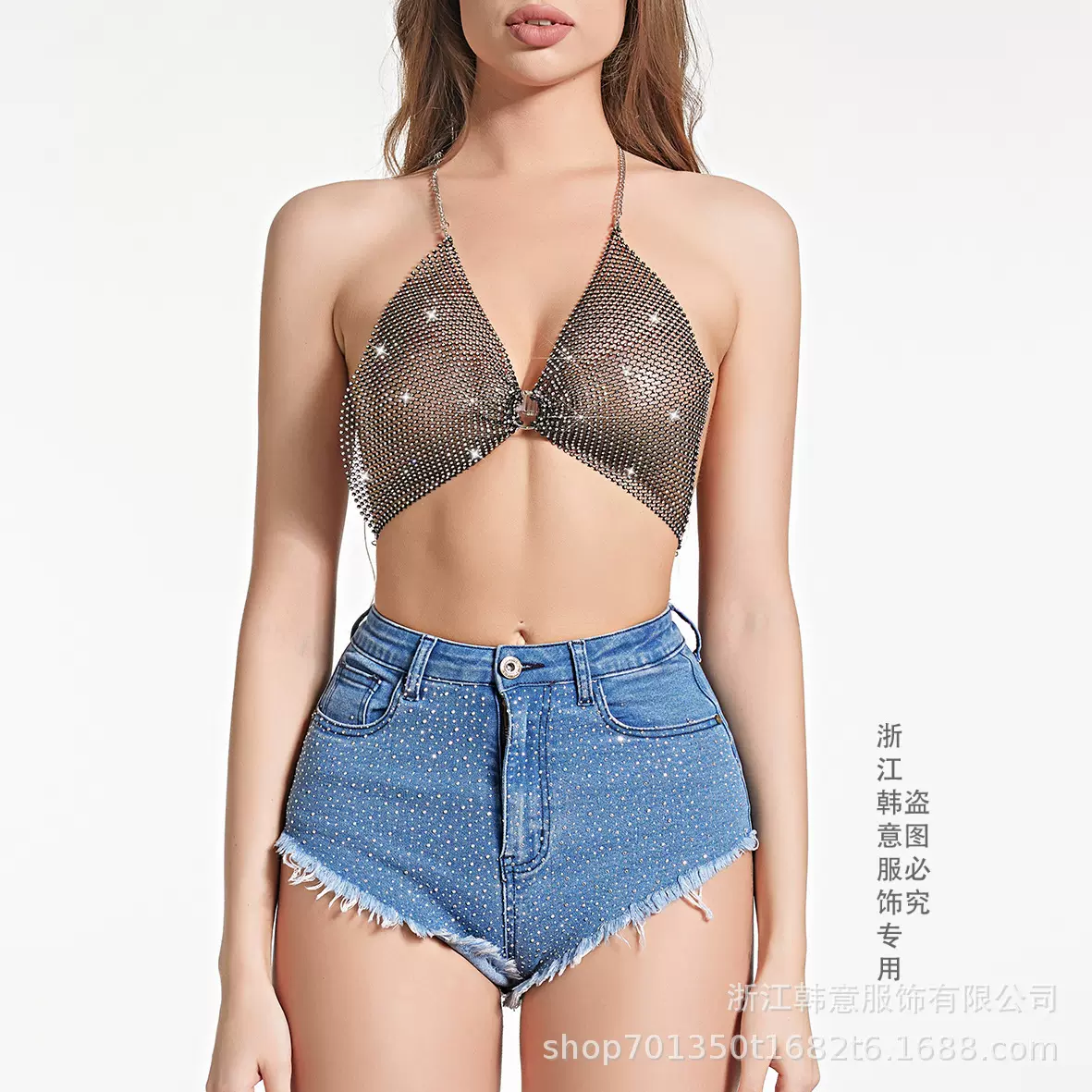 欧美性感女装挂脖吊带上衣满钻亮闪弹力密网文胸比基尼背定制工厂