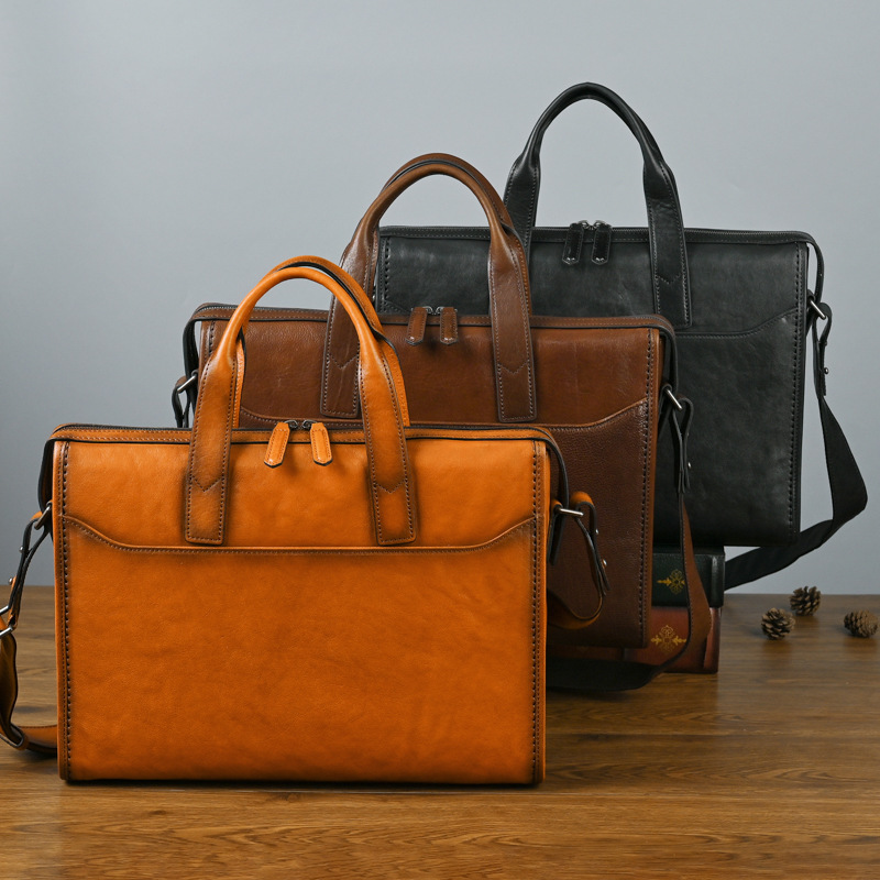 New Arrival Vegetable Tanned Leather Top Layer Cowhide Handmade Men's Briefcase Casual Bag File Bag Computer Bag Handbag
