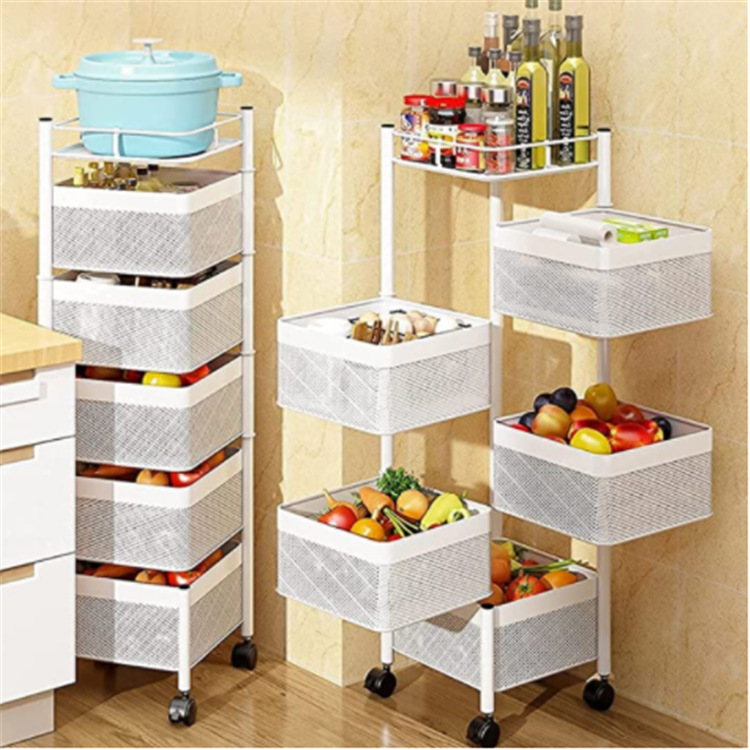 Household Floor-type Kitchen Multi-layer Square Carbon Steel Rotating Fruit and Vegetable Basket Movable Kitchen Fruit and Vegetable Storage Rack