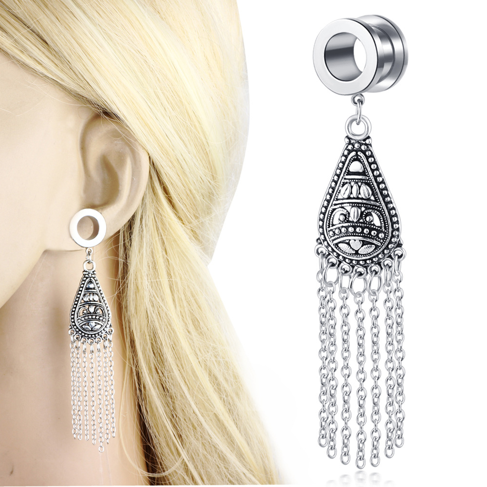 Star Moon Water Drop Tassel Auricle Stainless Steel Hollow Ear Expander Thread Expander Earrings detail image 7