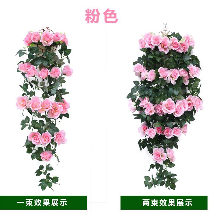 Artificial Rosa vid flor artificial ratán pared colgante pared decoración flor vid plástico cesta Planta artificial sala de estar