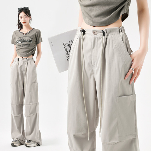 Women's Summer Thin High-Waisted Wide Leg Parachute Pants Workwear Cargo Pants Loose Fitting American Style Sporty Trousers