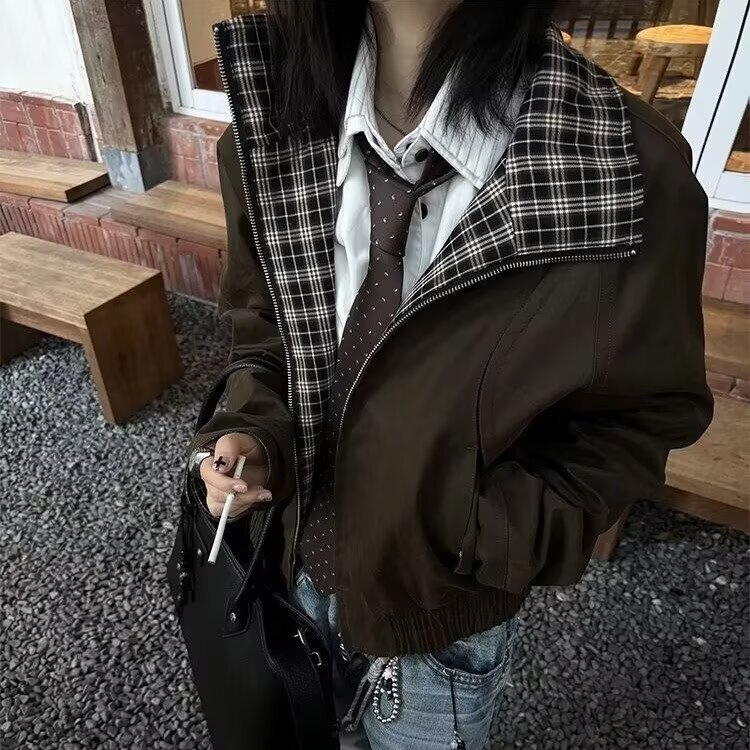 Niche Plaid Patchwork Short Brown Jacket for Men, Winter High-End Cleanfit Workwear Harrington Jacket Niche Plaid Patchwork Short Brown Jacket for Men, Winter High-End Cleanfit Workwear Harrington Jacket