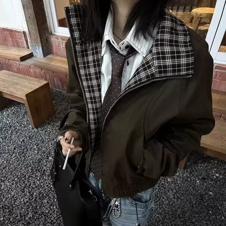 小众格纹拼接短款棕色外套男款冬季高级感cleanfit工装哈灵顿夹克