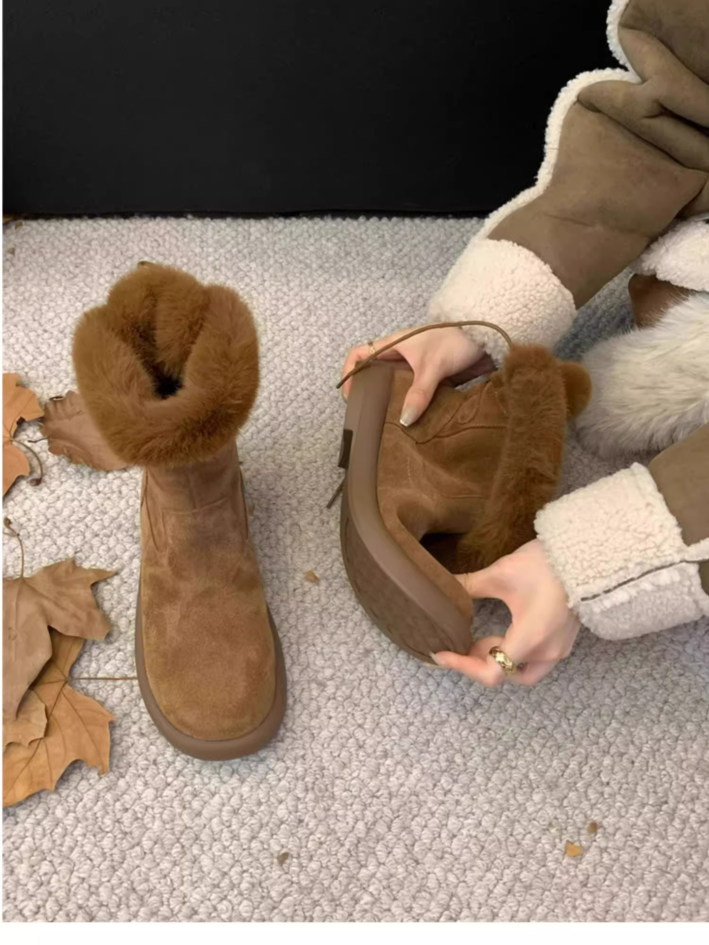 Winter Baumwolle dicken Sohlen Schnee für Frauen 2024 Winter neuen Stil mit Plüsch Isolierung, modische und vielseitige flache_voghion.com