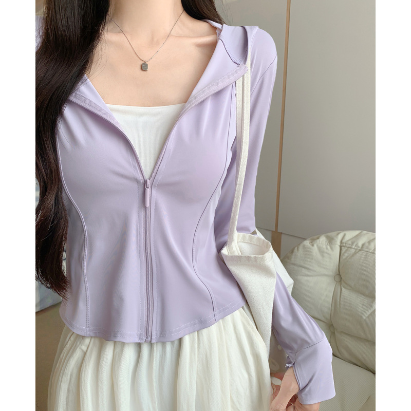 Purple Ice Silk Sun Protection Clothing for Women, Summer Outdoor Uv Protection Sun Protection Clothing, Slim Fit Hooded Jacket Top Purple Ice Silk Sun Protection Clothing for Women, Summer Outdoor Uv Protection Sun Protection Clothing, Slim Fit Hooded Jacket Top