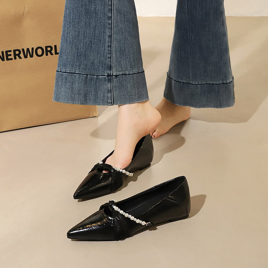 8699-57 French gentle style single order shoes with pointed shallow mouth pearl hollow out shoes for women's comfort and increased height inside women's shoes