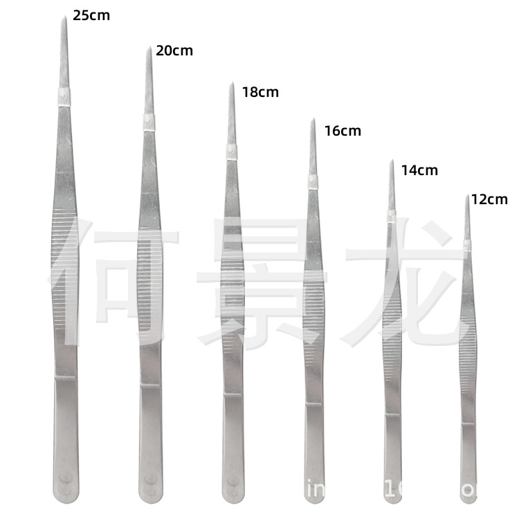加厚医用敷料加长镊子 12-25厘米精制430不锈钢直头/弯头带齿镊子