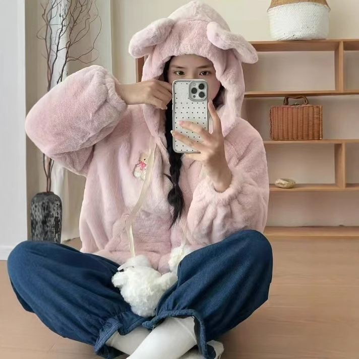 (2개) 겨울 새로운 귀여운 양고기 양모 면봉 재킷 후드 따뜻한 부드러운 왁스 코트