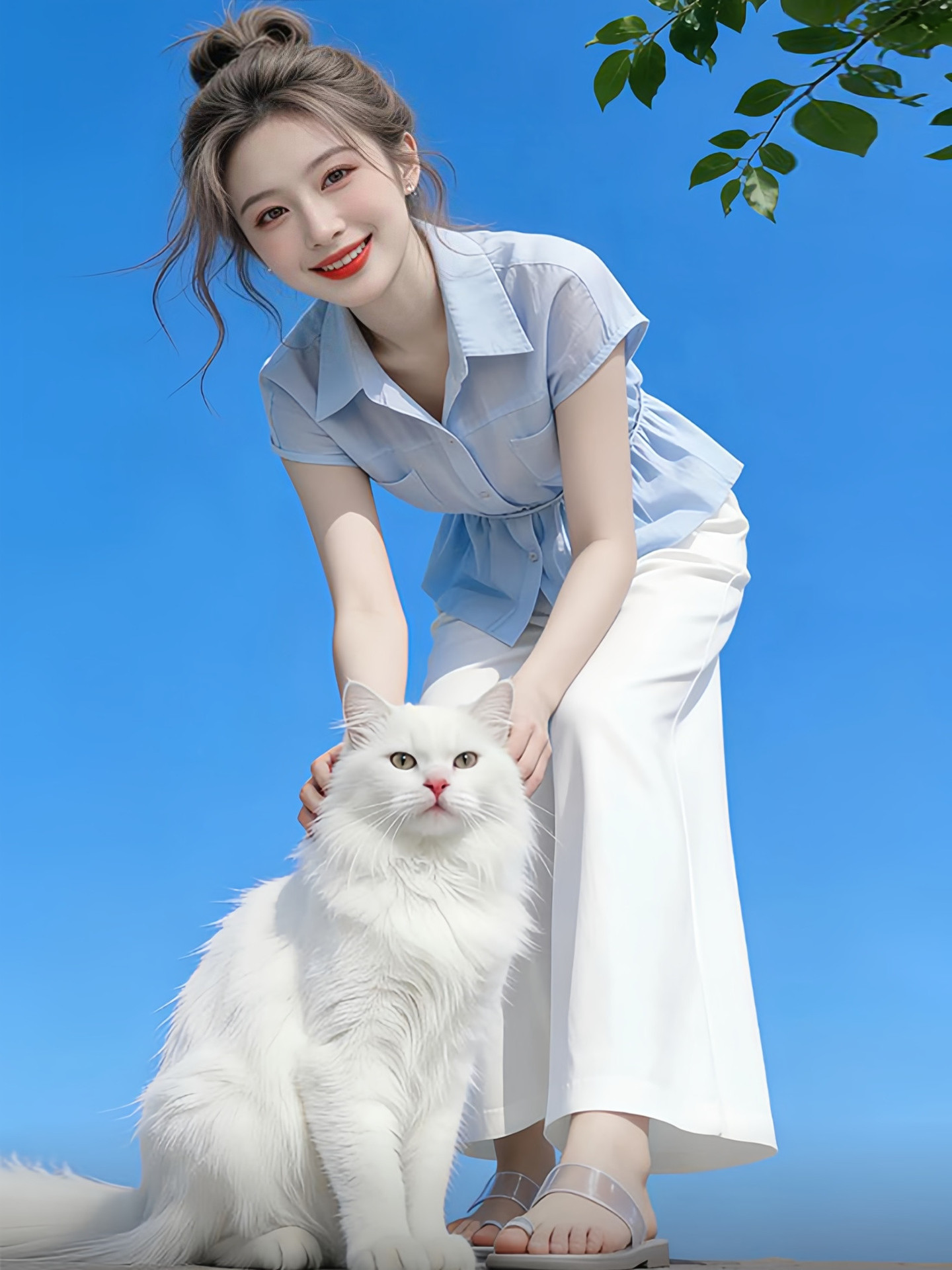 Bộ áo sơ mi ngắn tay phối quần ống rộng cạp cao nữ — Quần trắng chi tiết 3