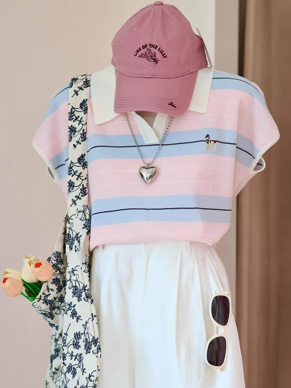 コントラストストライプポロラペル小さなフライングスリーブ半袖Tシャツ女性用2025新しいスタイルユニークで美しい初夏のトップス|undefined