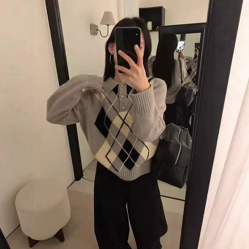 Korean-Style College Style Polo Collar Color-Block Jacquard Pullover Sweater for Women, New Autumn and Winter Loose and Lazy Knit Top Trendy