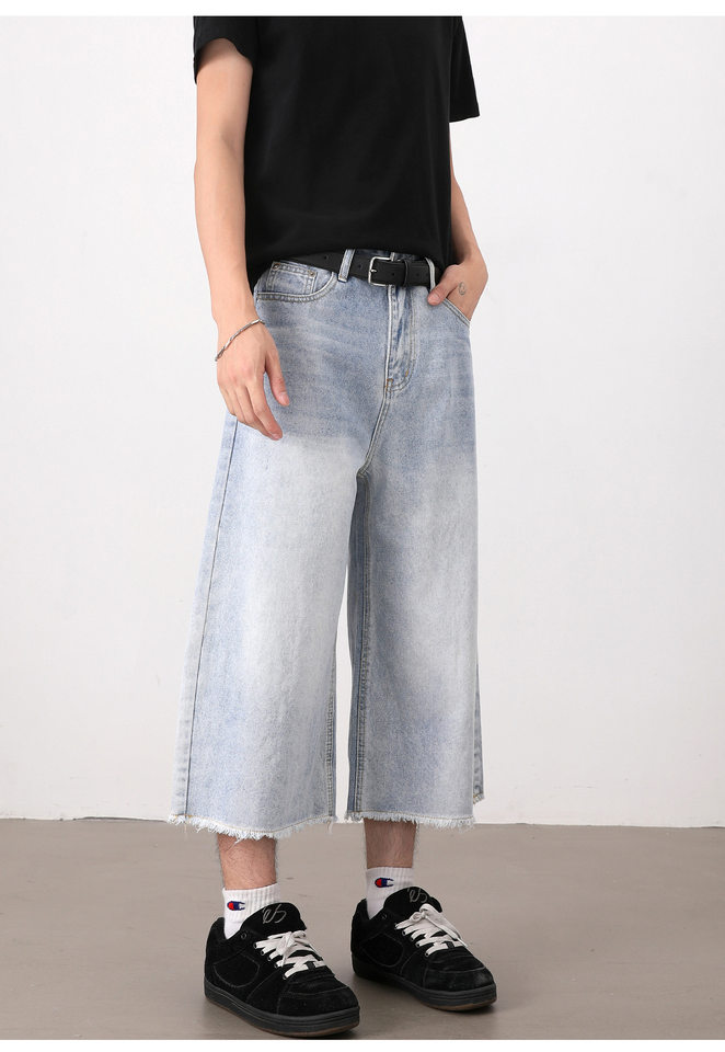 Quần short denim nam ống rộng dáng thẳng, kiểu Mỹ cổ điển, wash xước gấu, dài 8/10 — Màu xanh dương chi tiết 10