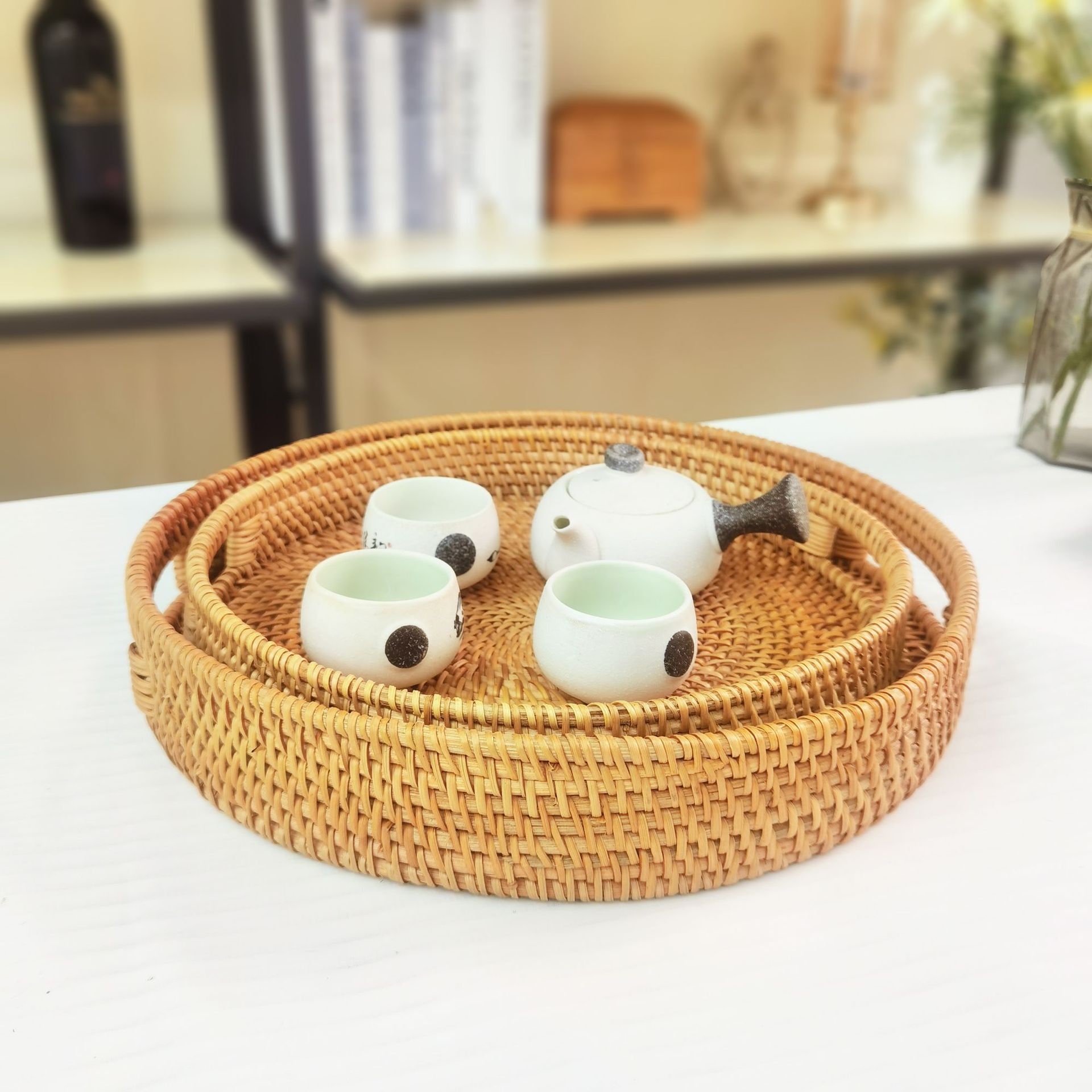 Manufacturer wholesale Hua Fei fruit bread steamed bun basket candy tea set snack tray handmade rattan storage tray