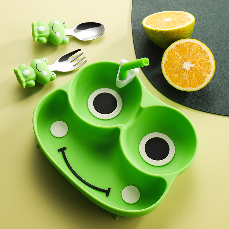 Cross-Border Silicone Children's Dinner Plate with Frog Suction Cup, 304 Stainless Steel Fork and Spoon, Baby Food Supplement Divided Plate
