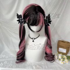 Xuchang ウィッグ女性地雷スタイル黒ハイライトピンクロング巻き毛二次元 cos シミュレーション全頭デイリーファッション美白