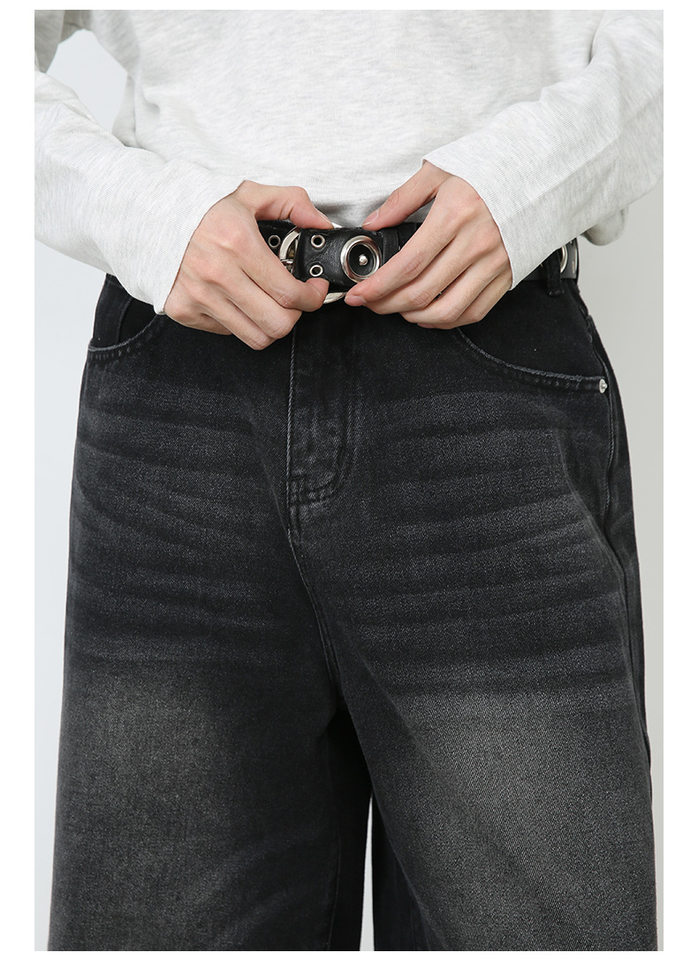 Quần jean nam ống rộng lửng 7/10 phong cách Hàn, lưng cao thoải mái — Làm cũ, Màu trắng, Màu xanh denim thô, Màu đen thô chi tiết 12