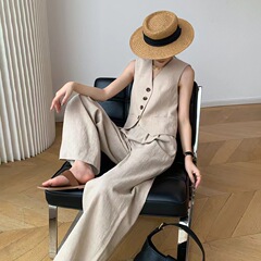 高級感綿麻袖なしvネックファッションベストセット夏の新型ハイウエスト広脚モップズボン2点セット