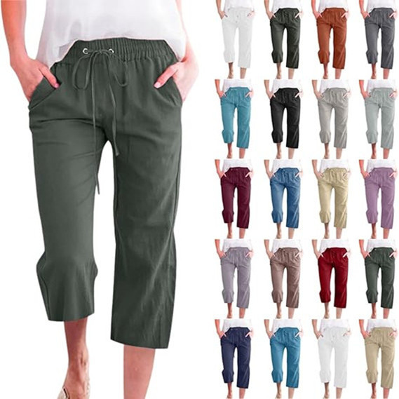 Cross-border eBay Amazon wish spring and summer solid color cotton loose drawstring casual cropped pants