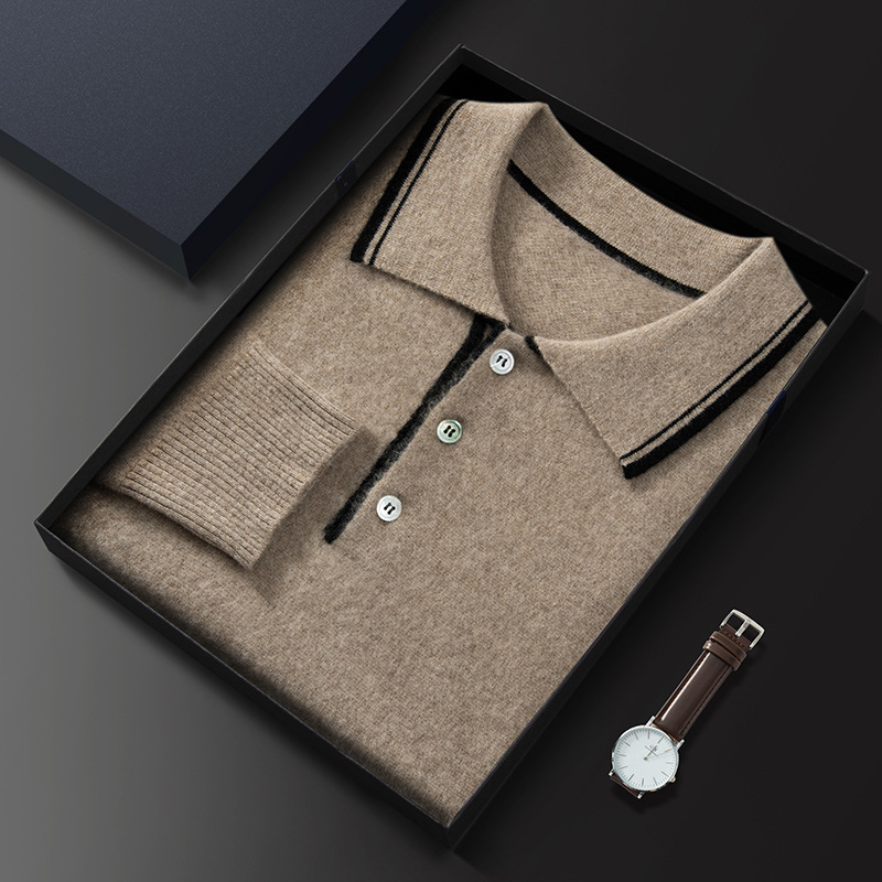 2023 New Autumn and Winter Cashmere Men's Loose Polo Collar Color-Blocked Short Pullover Bottoming Knitwear Knitwear