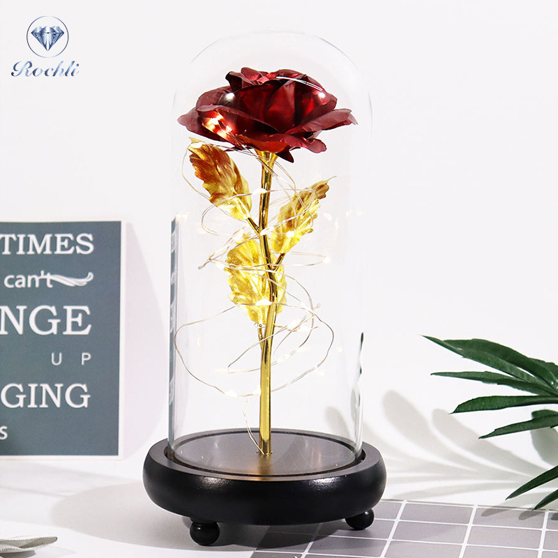 Eternal Flower Glass Dome Acrylic LED Lamp Gold Foil Rose Mother's Day 520 Valentine's Day Gift for Girlfriend