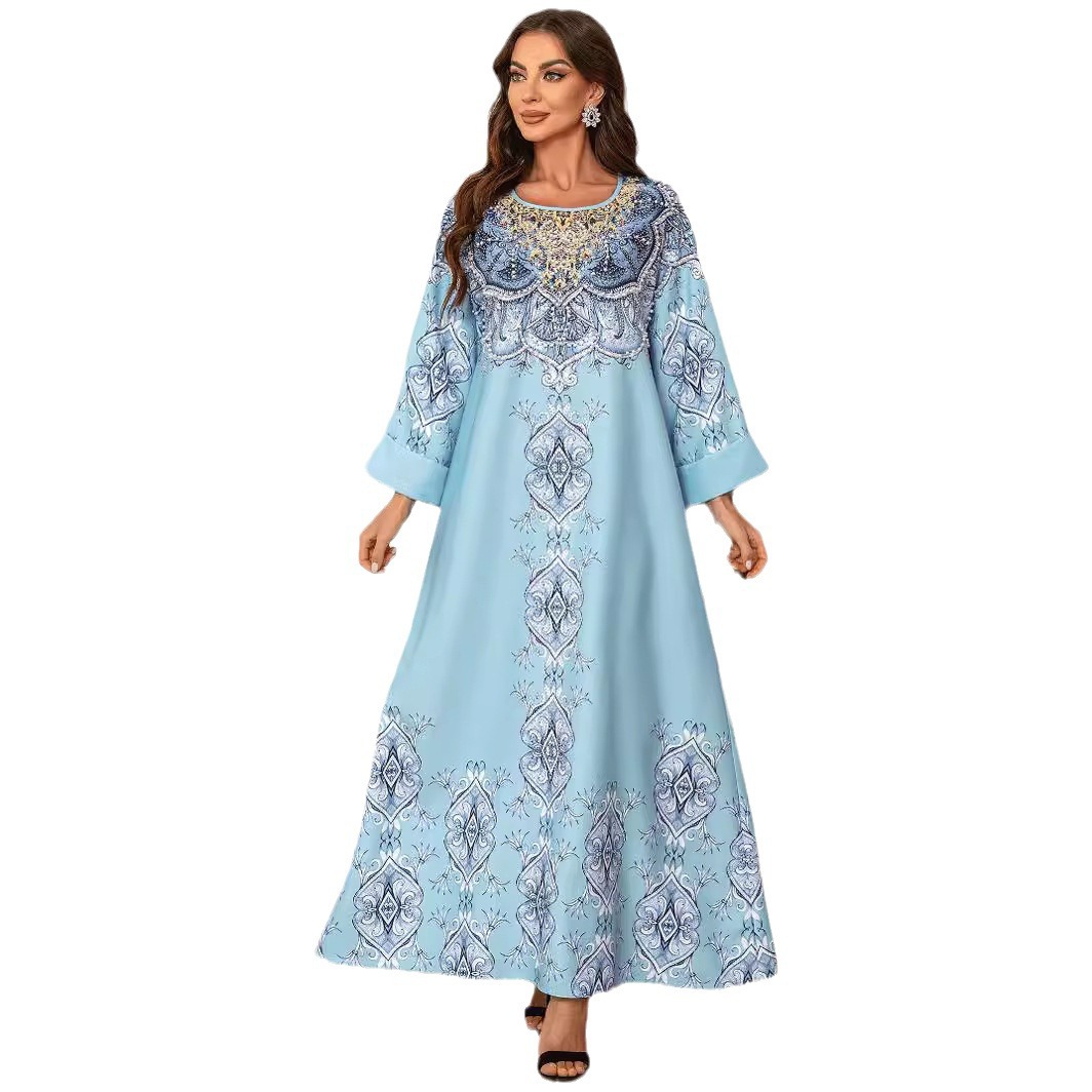 ZD024 Middle Eastern And European Cross-border Foreign Trade Muslim Printed Robe Abaya Beaded Round-neck Dress Gown_ecoleips.com
