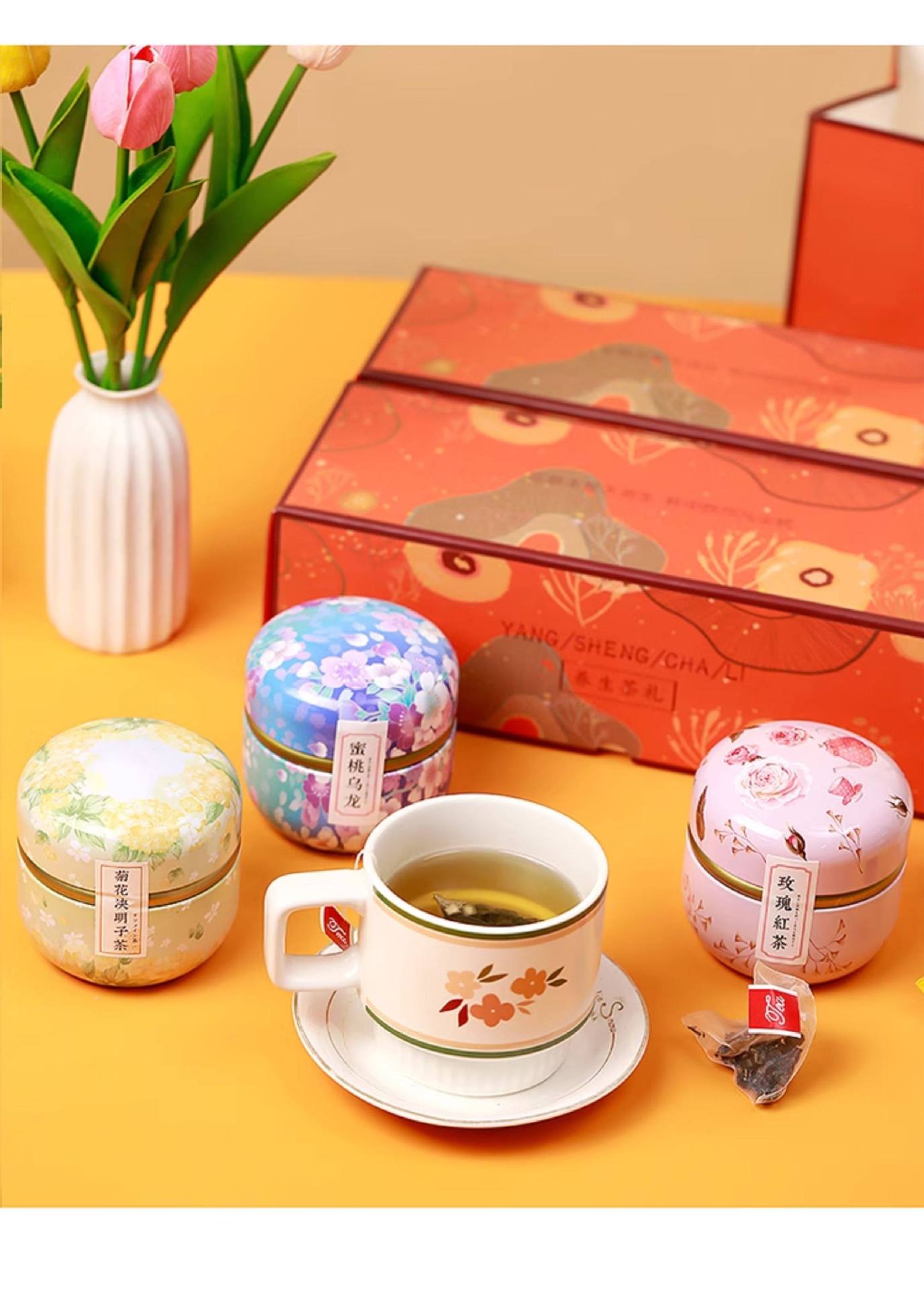 Peach Oolong Tea Bags Cold Brew Herbal Tea 300g Tin Gift Box Custom Wellness Tea in use