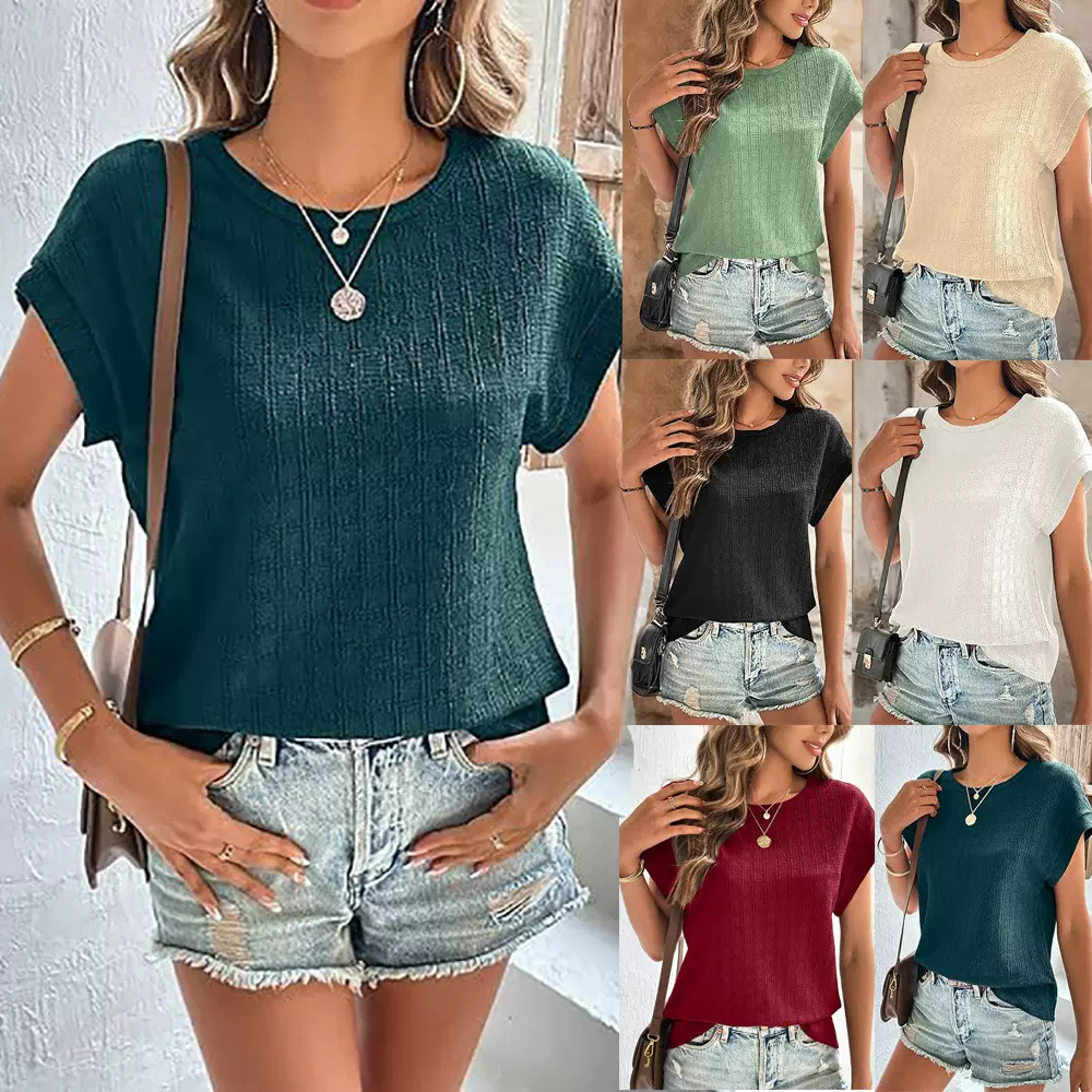 2024亚马逊爆款欧美新款女装 休闲纯色提花方格宽松圆领短袖T恤女