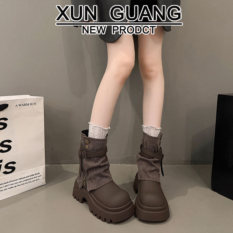 7cm厚底马丁靴女2025秋冬新款百搭真皮短靴小个子增高松糕裤管靴|undefined