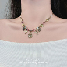 波西米亚复古风镂空爱心花朵项链女小众设计树叶飞鸟吊坠项链