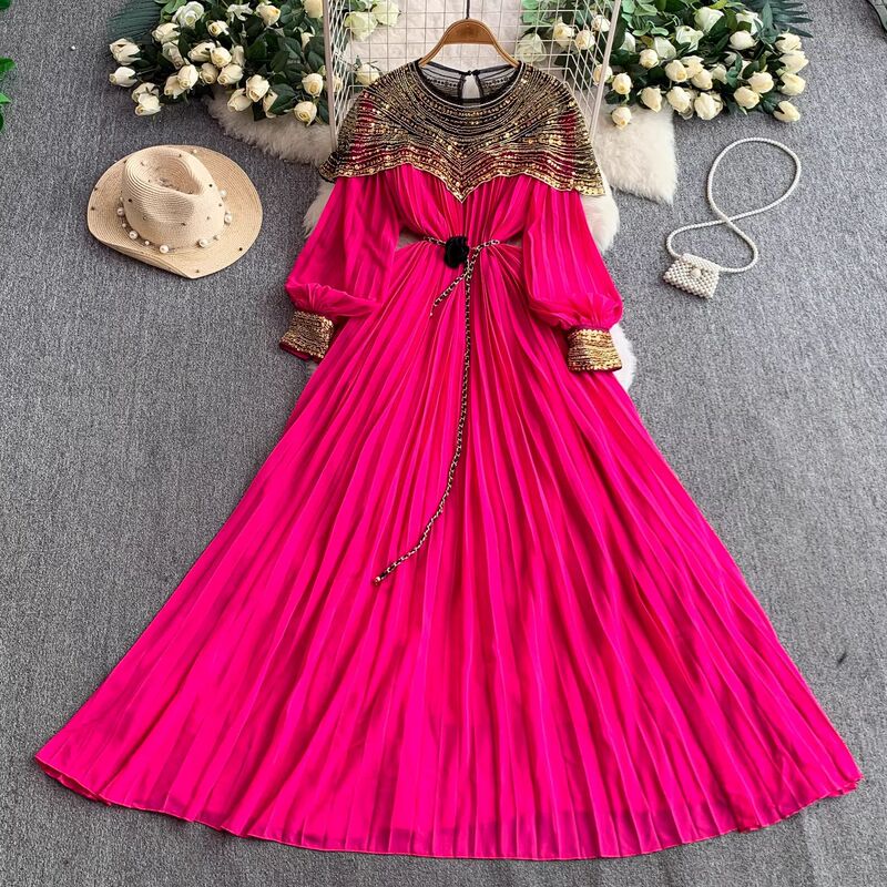 French-Style Heavy Embroidery Beaded Sequin Lantern Sleeve Dress for Women, High-End Elegant Long Waist-Cinching Pleated Gown