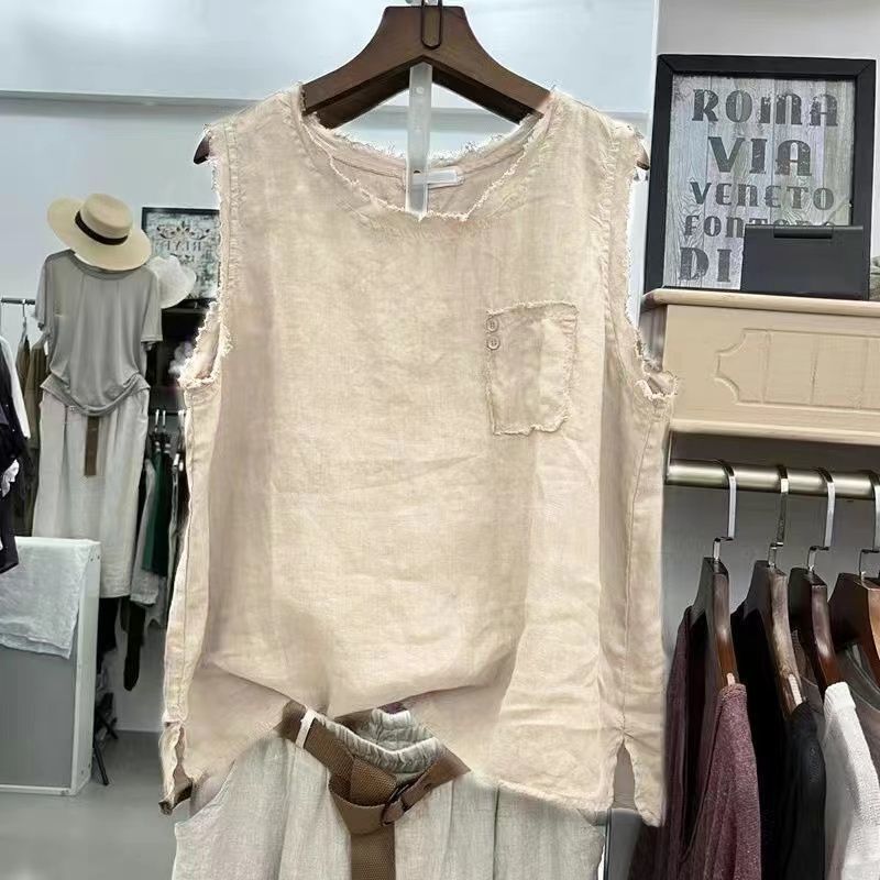 Summer plus size 150.00kg Linen Round Neck Vest Artistic Cotton Linen Men's Loose Sleeveless Top