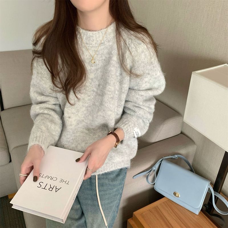 韩系慵懒风圆领套头毛衣女秋冬季软糯纯色长袖内搭针织衫韩版打底|undefined
