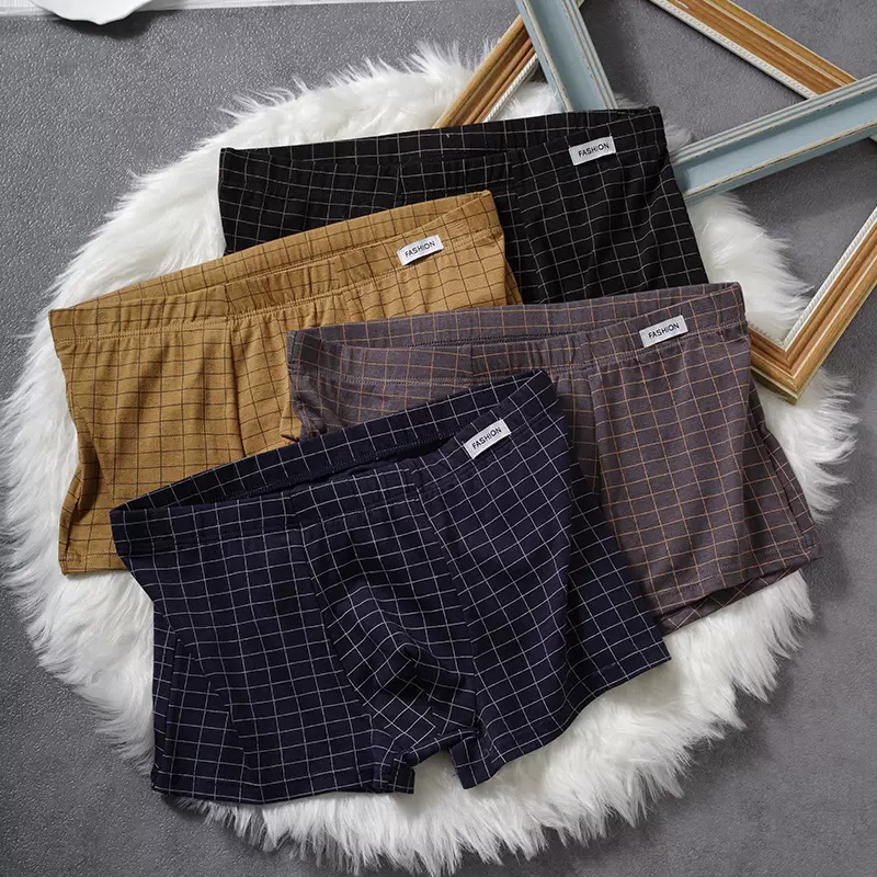 新款男士内裤男纯棉抗菌裆潮流大码格子宽松透气平角裤四角裤衩