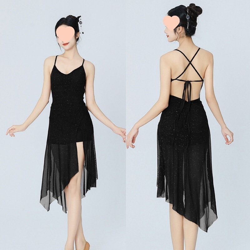 Jazz Steel Pipe Classical Dance Gauze Skirt Dancer Practice Clothes Black Glitter Asymmetrical Suspender Long Skirt Elastic Dress
