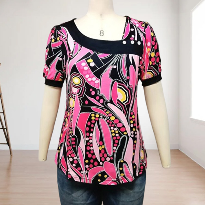 2025 European and American Hot Selling Cross-Border Summer Pink Abstract Graphic Short-Sleeved Tops Independent Station Aliexpress Ready Stock