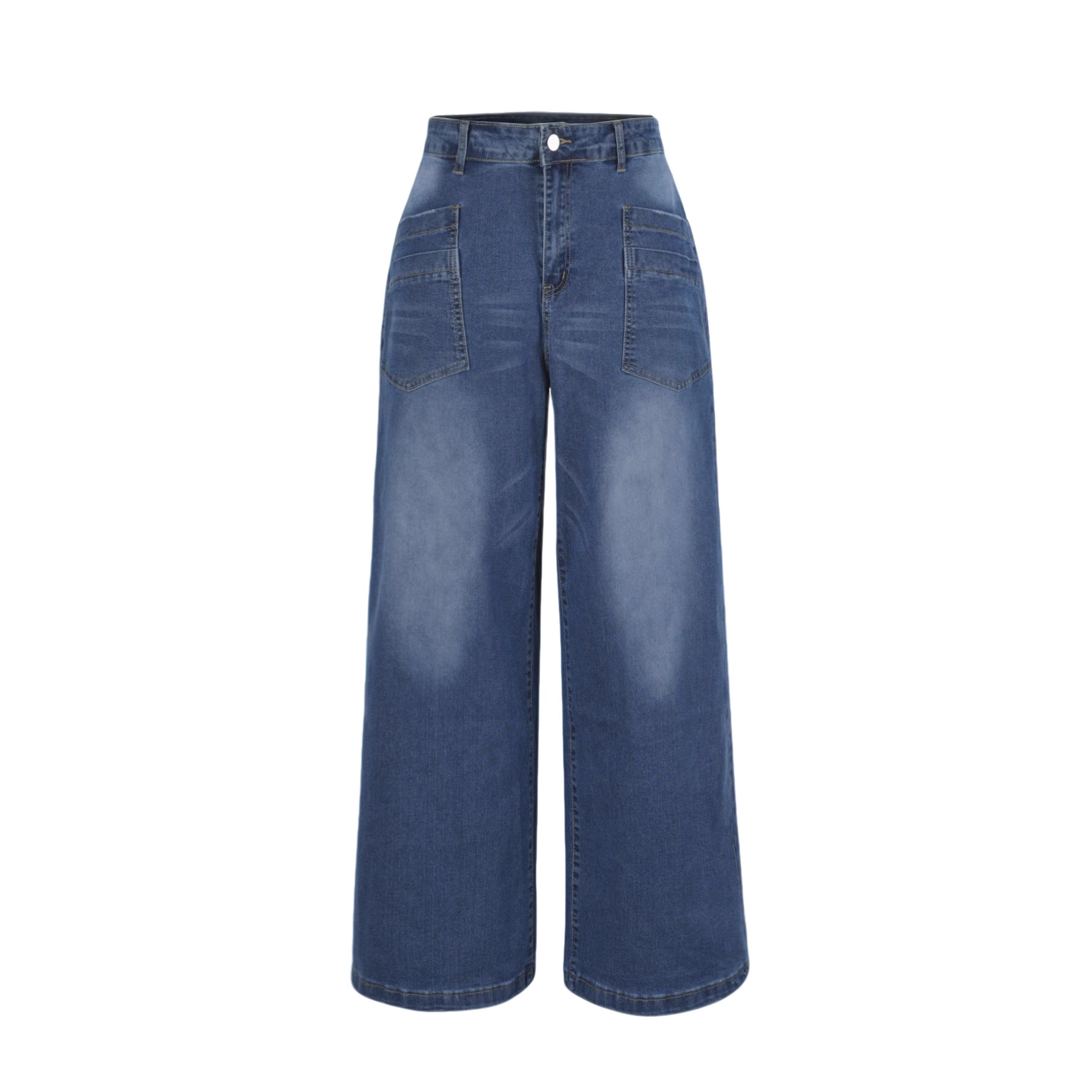 Women's Clothing Mid-Rise Wide Leg Jeans Retro Washed Cuffs Frayed Hem Slanted Pockets Cropped Length Denim_ecoleips.com