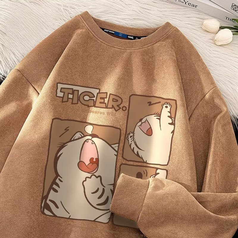 Cartoon Printed Suede Hoopless Sweater Men's Lazy Style Clothes Show Thin Fashion Trend_viptrois.com